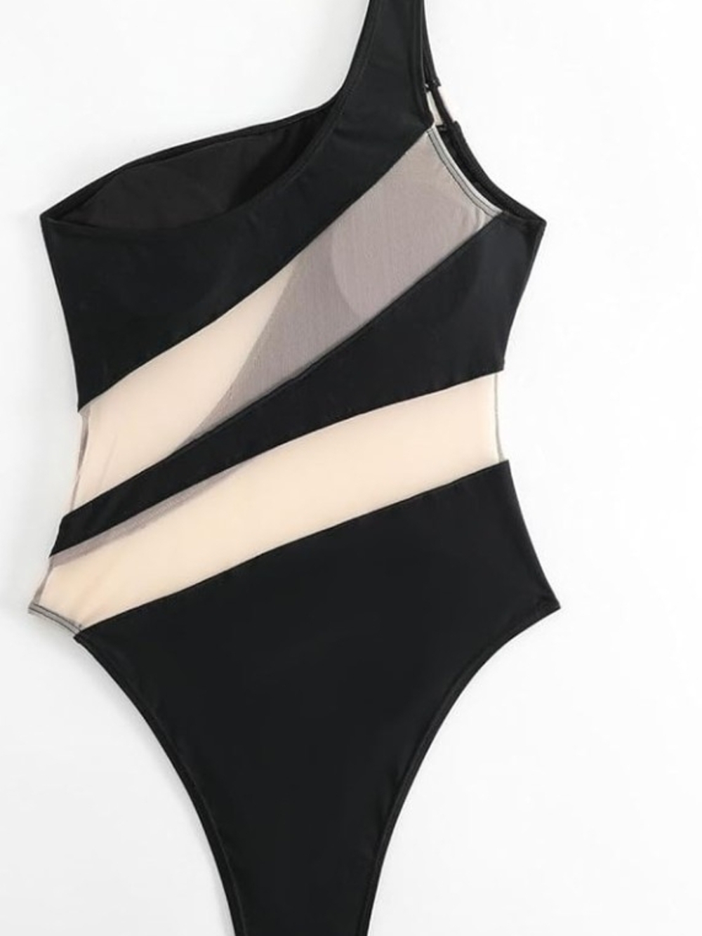 Black & Nude One-Shoulder Mesh Panel One-Piece Swimsuit
